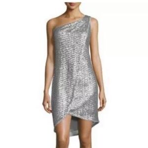 Halston Heritage Silver Sequined Formal One-Shoulder Knee Length Dress‎ Size 4